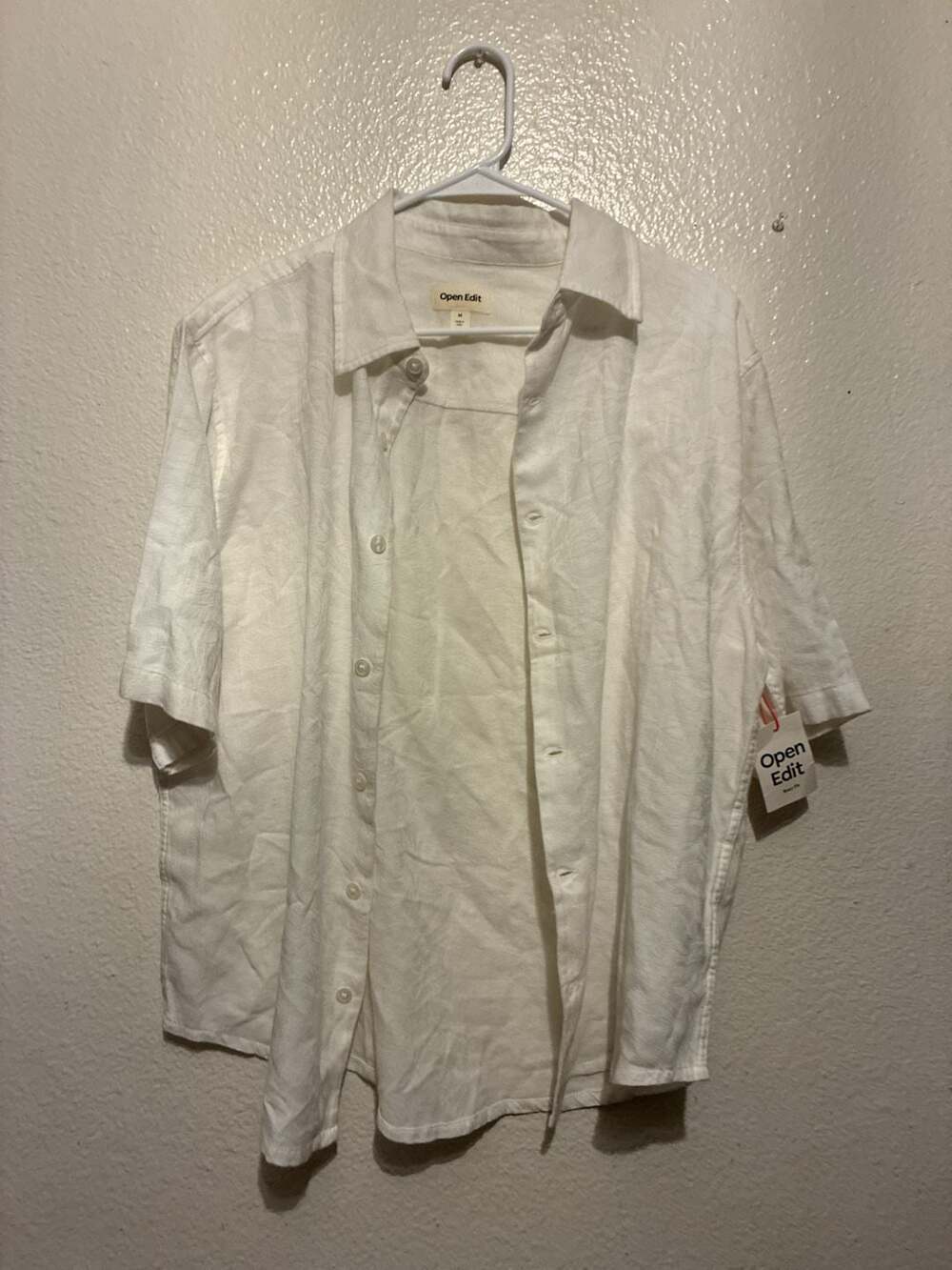 Open Edit Men's Boxy Fit Button-Down Short Sleeve Shirt in Ivory Egret